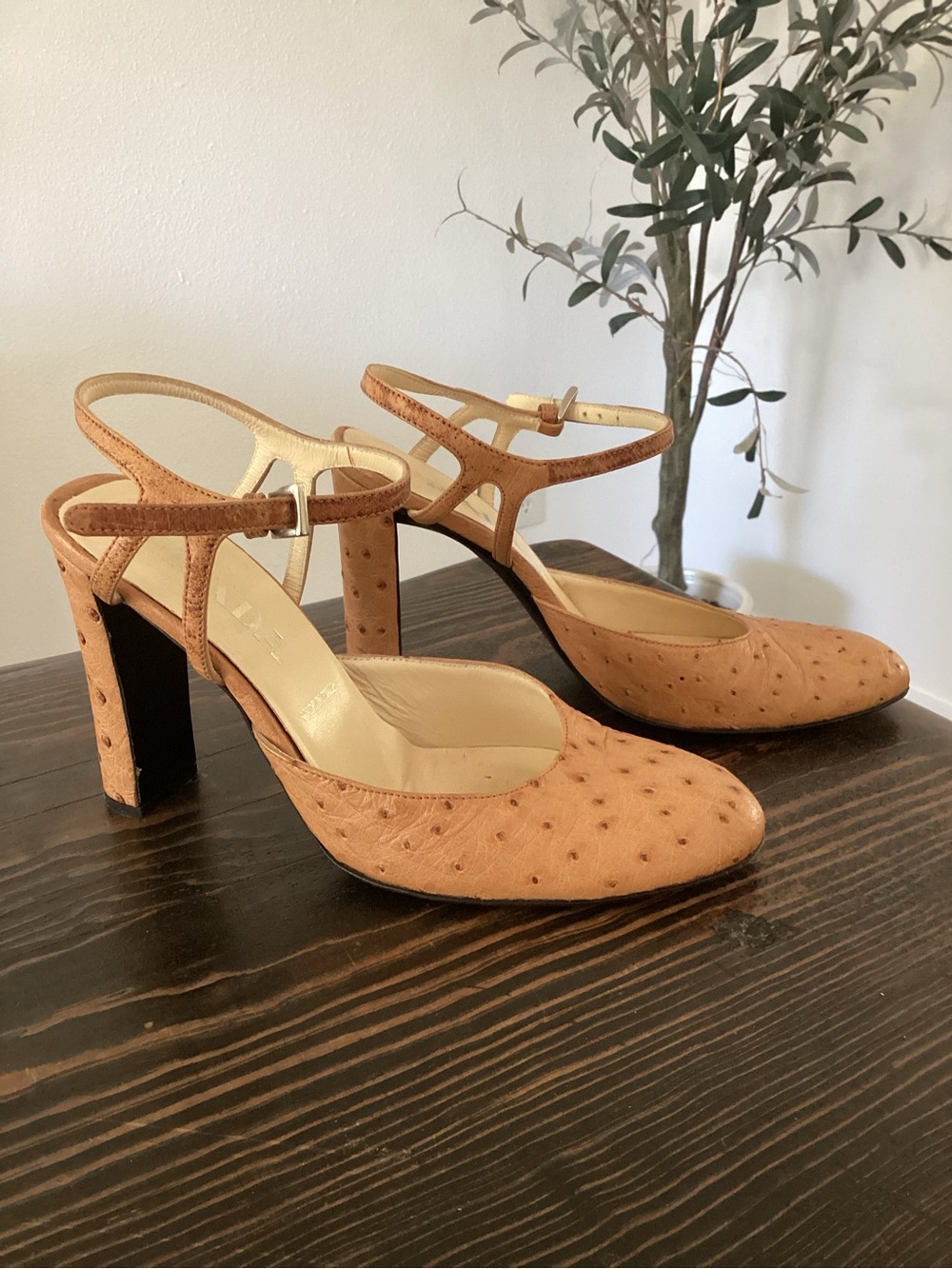 Prada Tan Ostrich Leather Slingback Heels - Picture 2 of 5